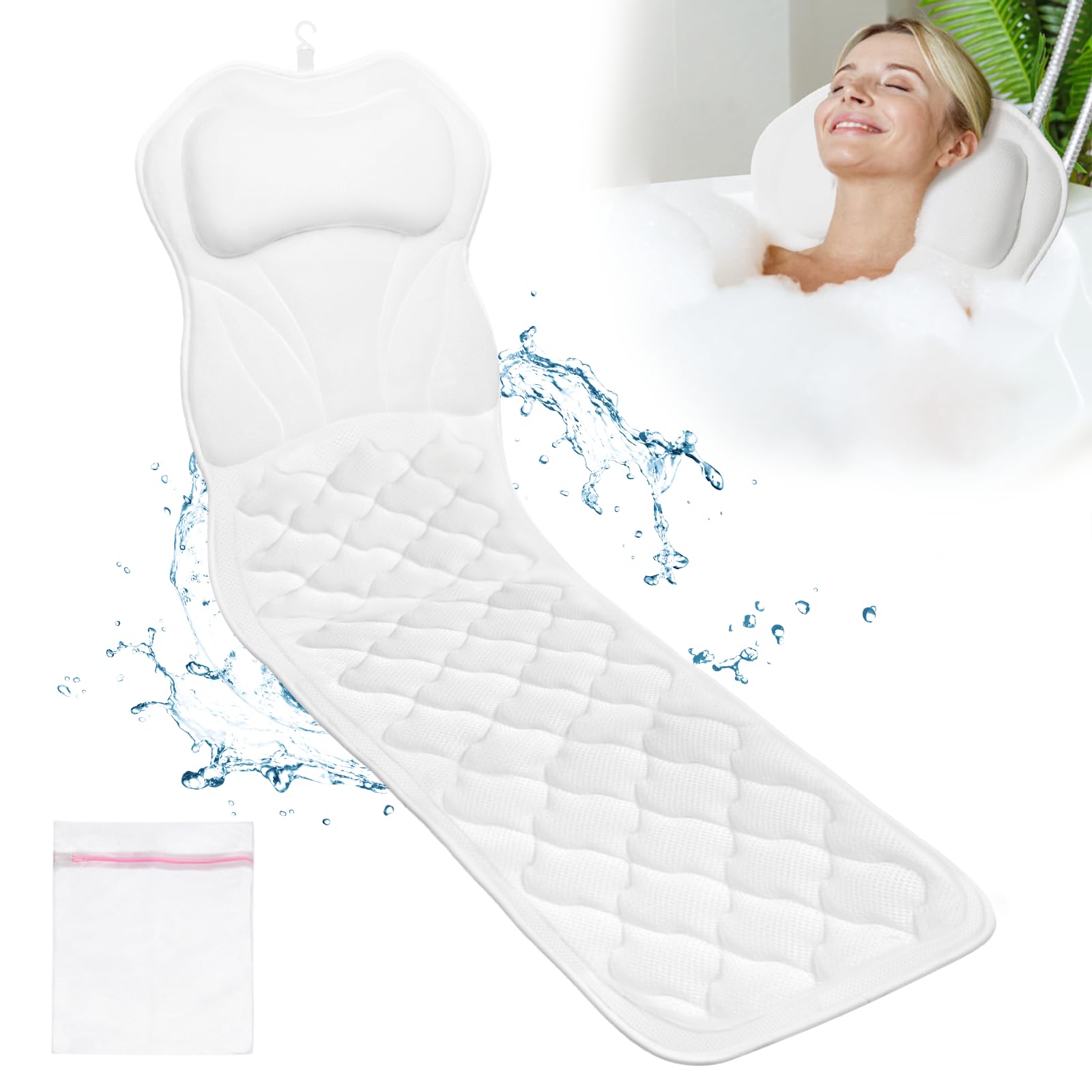 Full Body Bath Pillow — 5D air mesh, 16 non-slip suction cups, head/back/hip/leg support, 51"x17", easy clean — Azurra Shop