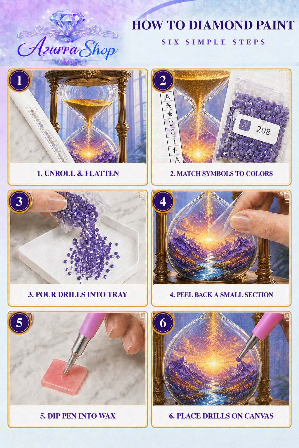 Diamond painting steps for The Dawn Inside the Hourglass Azurra Exclusive 5D kit