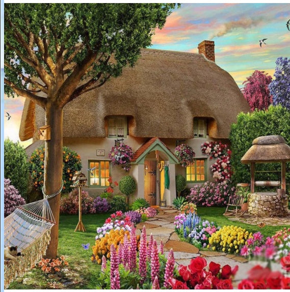 Scenic cottage diamond painting kit – 12x16" to 18x24" round or square drill cozy countryside wall art by Azurra Shop