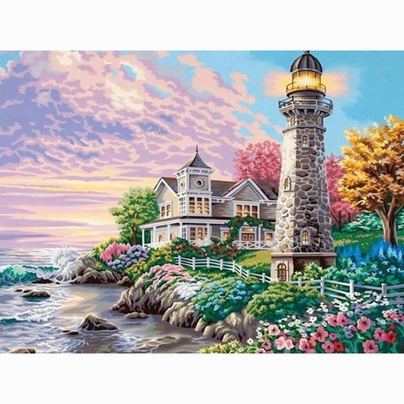 Cliffside lighthouse diamond painting kit – 8x10" to 24x32" round or square drill coastal nature wall art by Azurra Shop