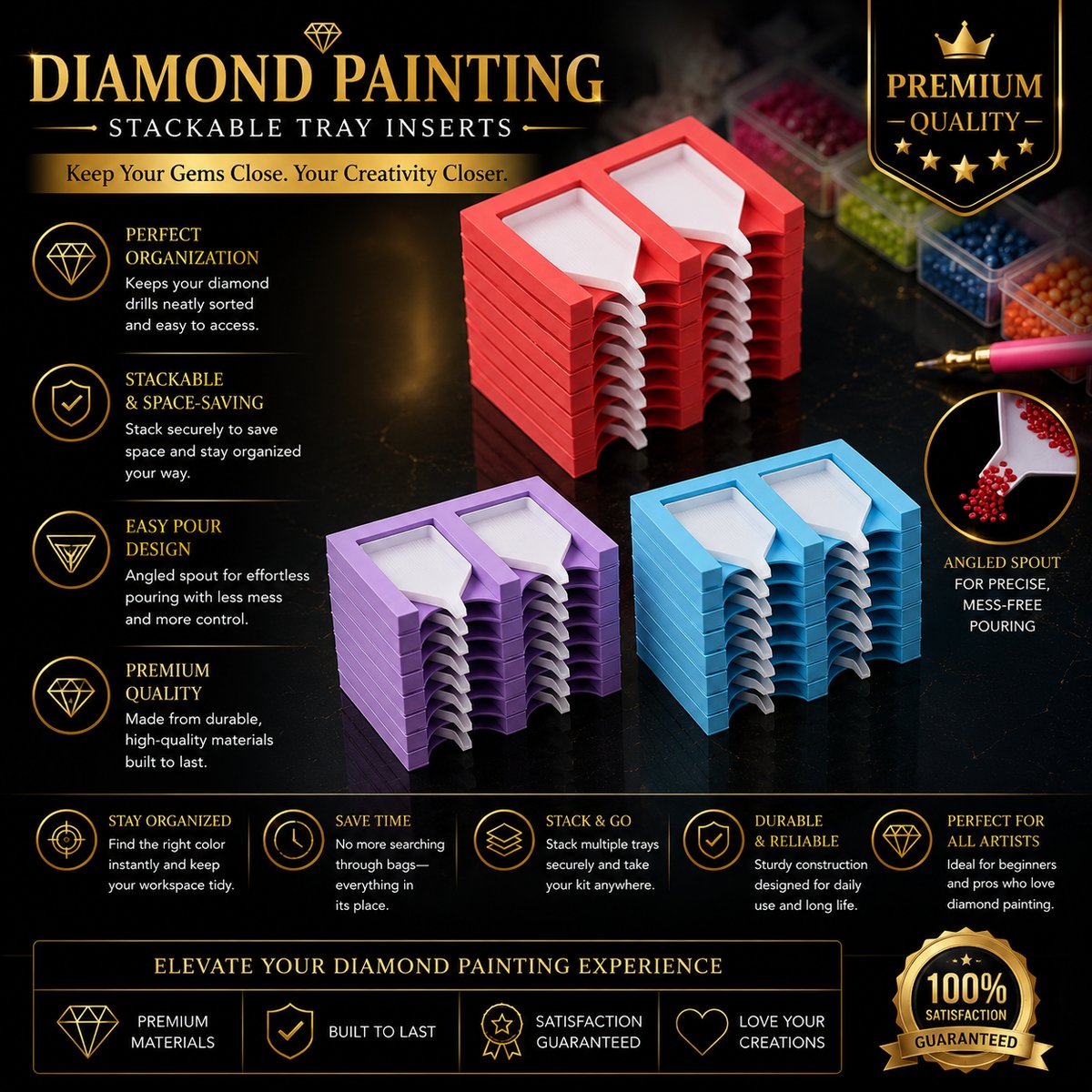 Stacked diamond painting tray organizers in red, purple, and blue
