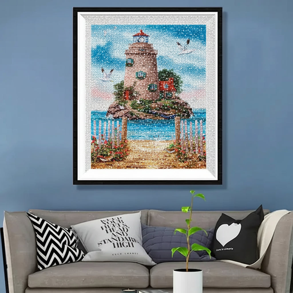 Coastal ocean island lighthouse diamond painting kit – framed coastal cottage wall art with white picket fence