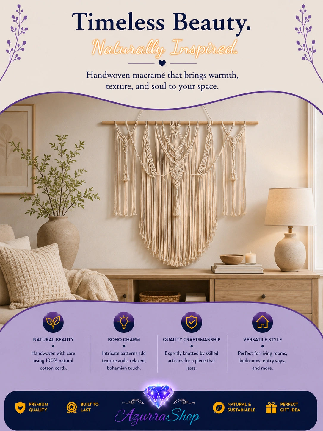 Marketing graphic for a white macrame tassel wall hanging on a wood dowel, styled above a console table in a warm bedroom setting.