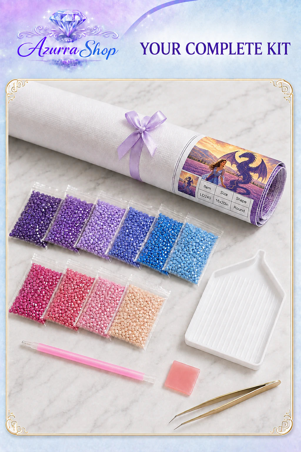 Diamond painting supplies flat lay for She Casts a Dragon&