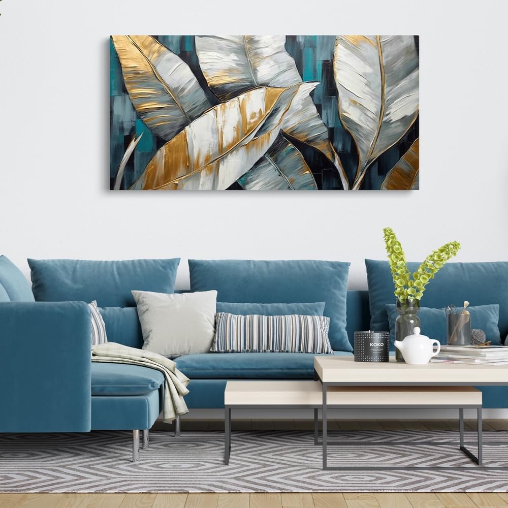 Handmade Abstract Oil Painting — Golden Green Banana Leaves