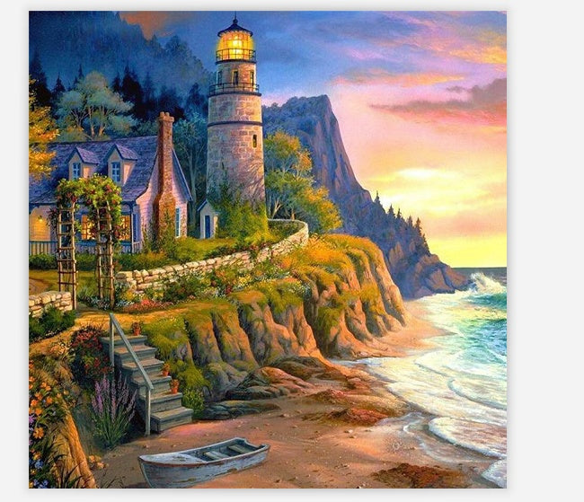 Seaside Lighthouse 5D Diamond Painting - Full Embroidery Resin Drill Kit 12"x12" & 12"x16" Blue | Azurra Shop