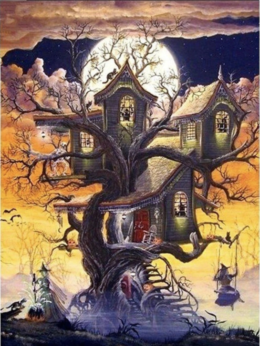 Halloween treehouse diamond painting kit – 12x16" spooky seasonal fall wall art by Azurra Shop