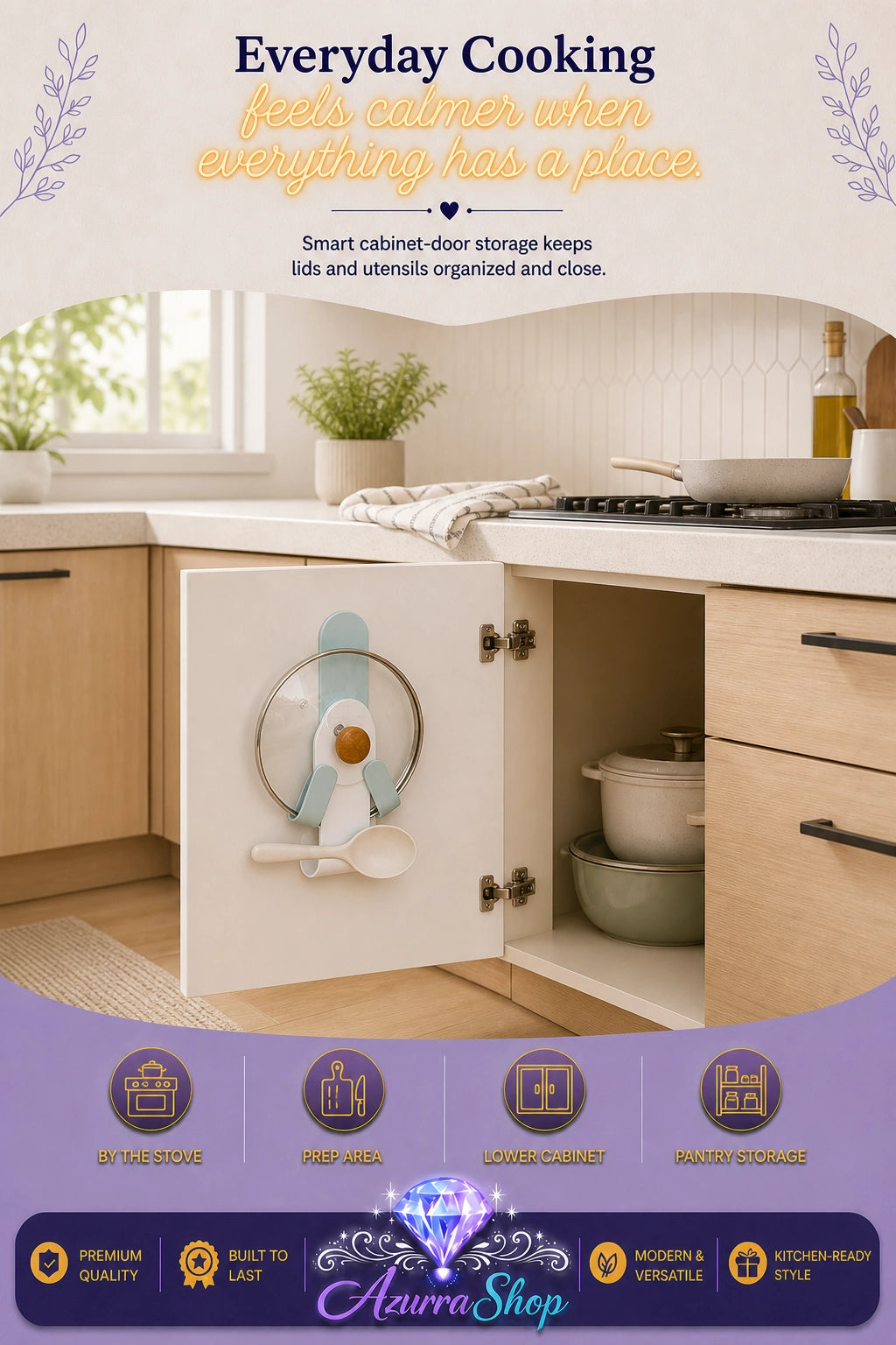 A kitchen scene showing the round pot lid holder mounted on a light wood cabinet door, holding a pot lid by its knob with a spoon resting in a small holder below. The image includes promotional text at the top and a purple banner at the bottom with the brand name Azurra Shop.