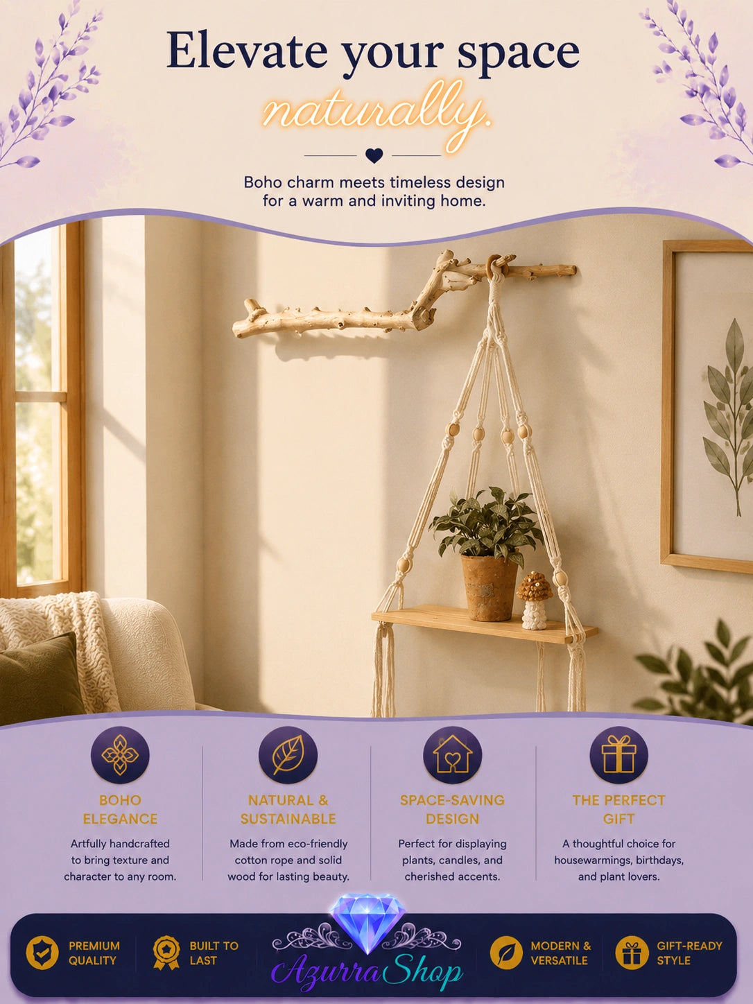 Macrame wall shelf hanging from a driftwood branch, holding a small potted plant, in a warm neutral-toned room.