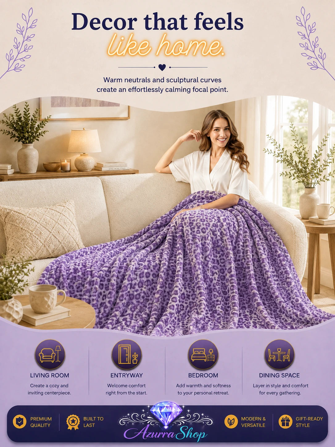 Lavender leopard print fleece blanket draped over a beige sofa in a living room, with an Azurra Shop promotional banner