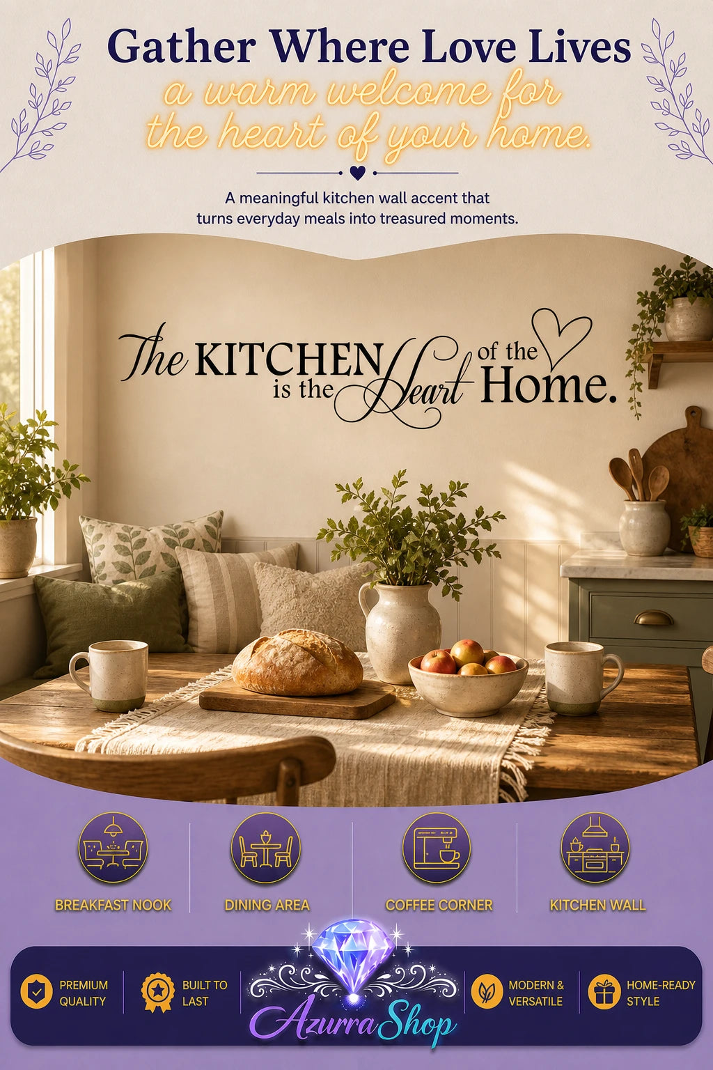 Black script wall decal reading "The Kitchen is the Heart of the Home" displayed above a wooden dining table set with bread, fruit, and mugs in a warm, styled kitchen scene, with a purple graphic footer showing feature icons and the Azurra Shop logo.