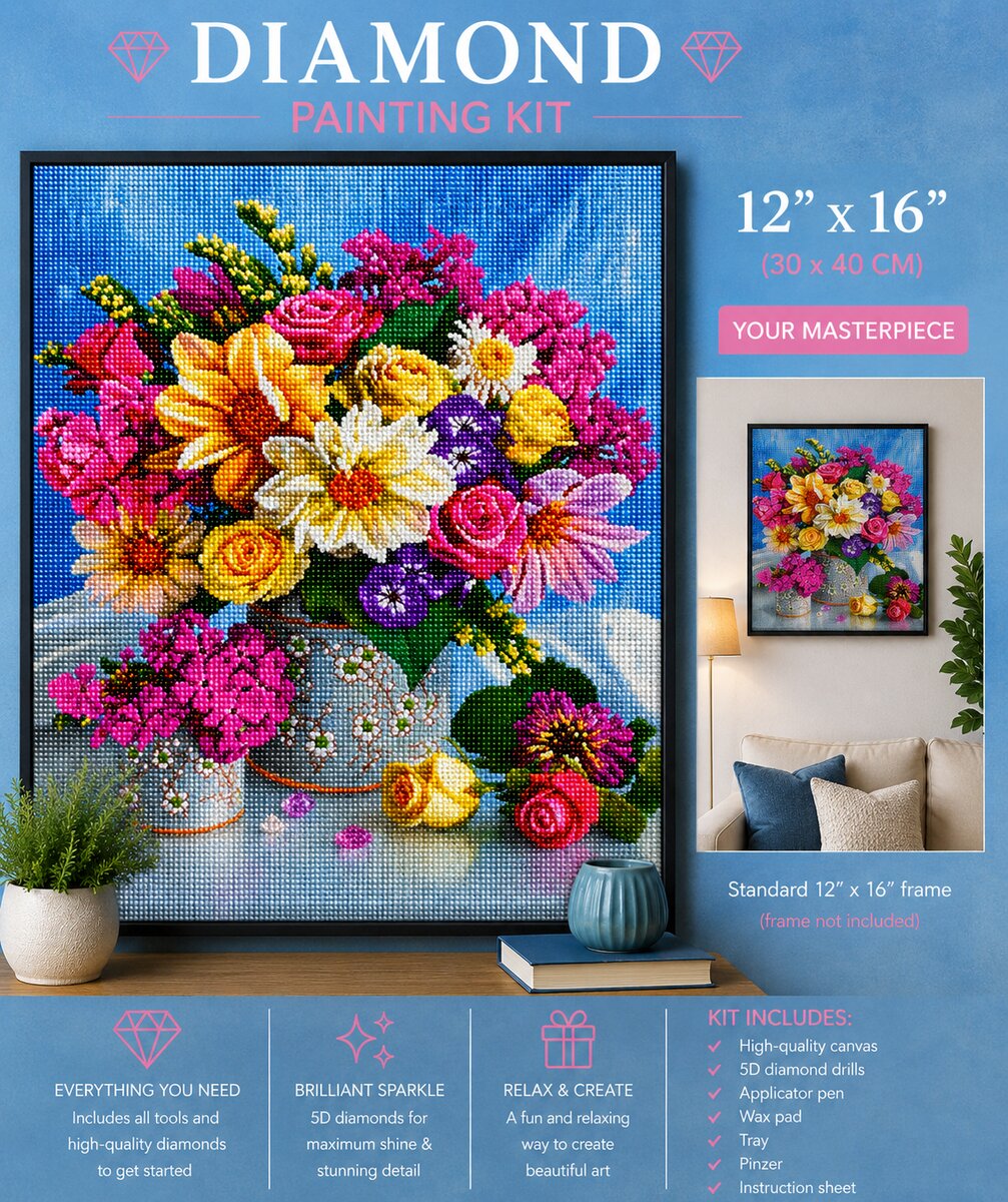 Vibrant mixed floral bouquet diamond painting framed on a blue wall, 12 by 16 inch size | Azurra Shop