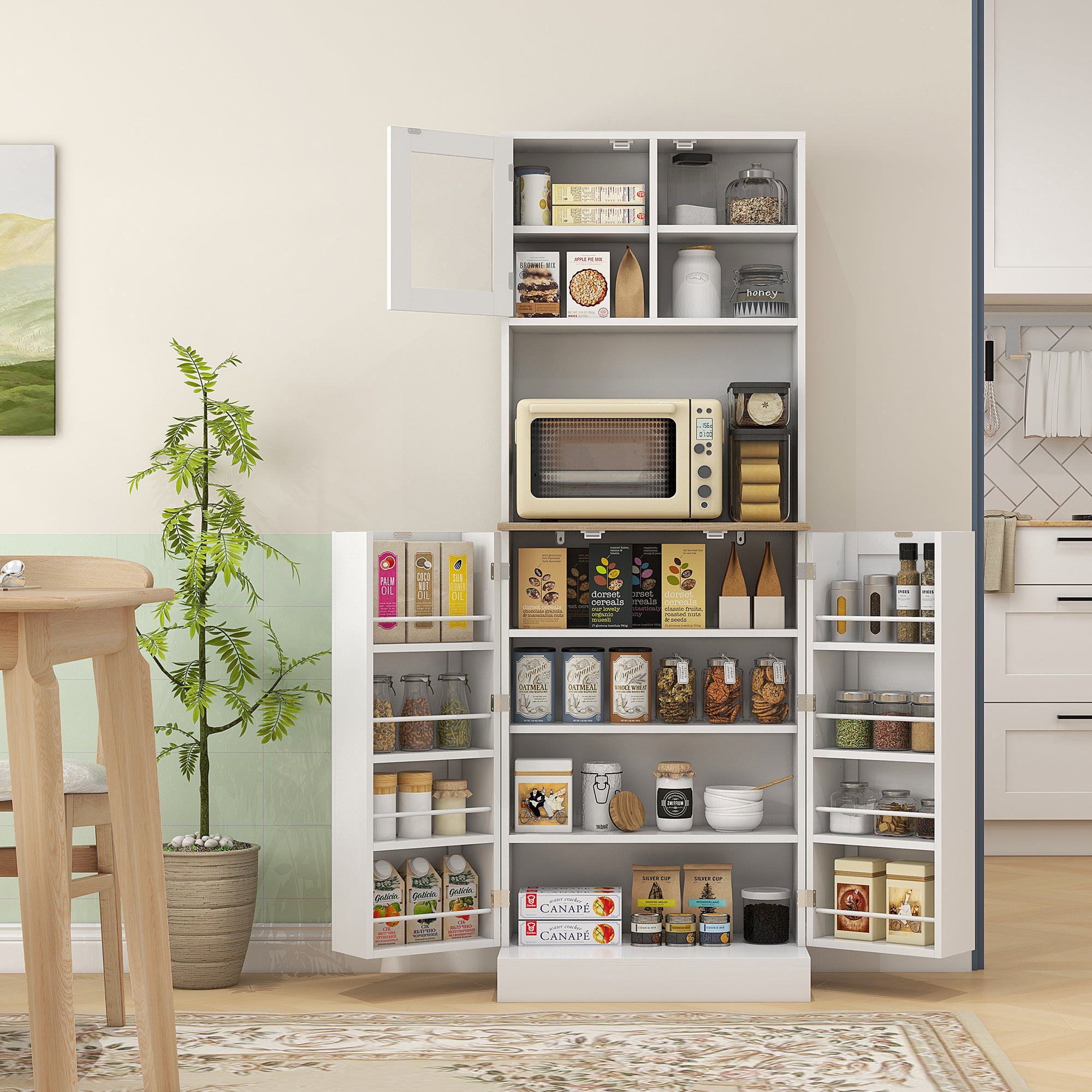 66.5" White Kitchen Pantry Cabinet with Glass Doors — particleboard & tempered glass, microwave stand, 5 adjustable shelves, 23.6"W x 13.8"D x 66.5"H — Azurra Shop
