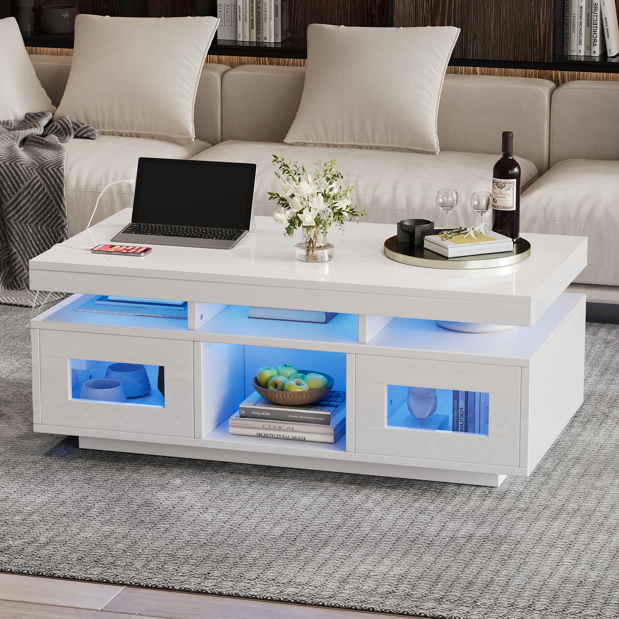 High Gloss Coffee Table with LED Lights & USB Charging — White