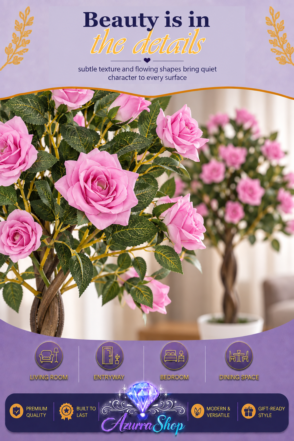Set of 2 Artificial Rose Floral Trees in Pot — 35" Tall
