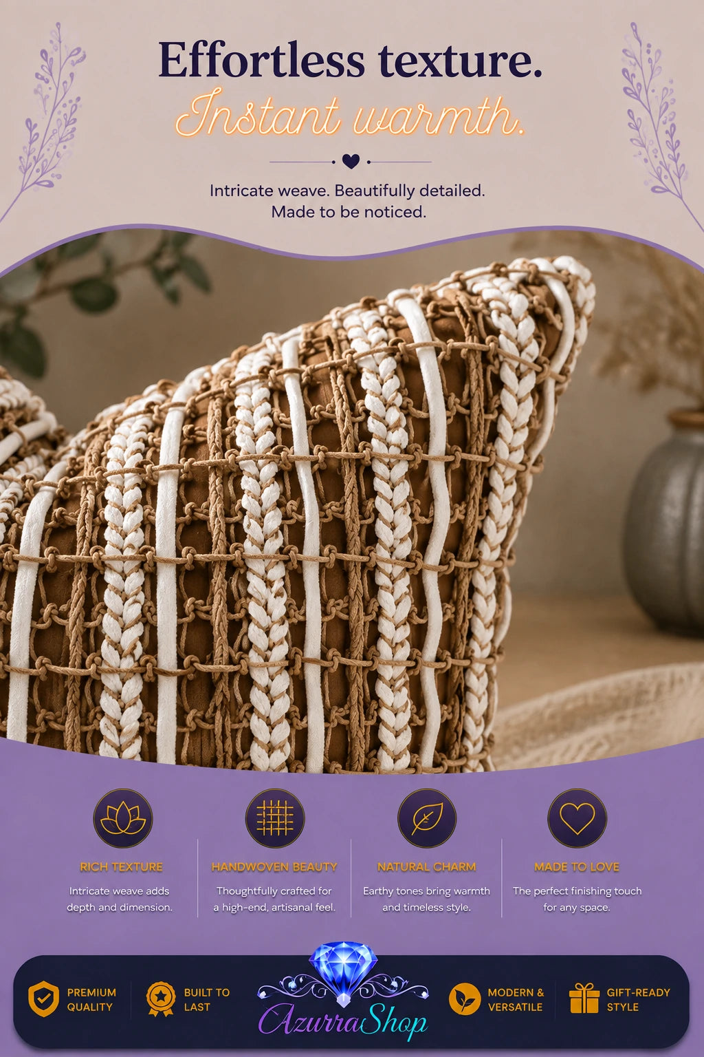 Close-up of the chunky brown and cream woven fabric texture on the throw pillow