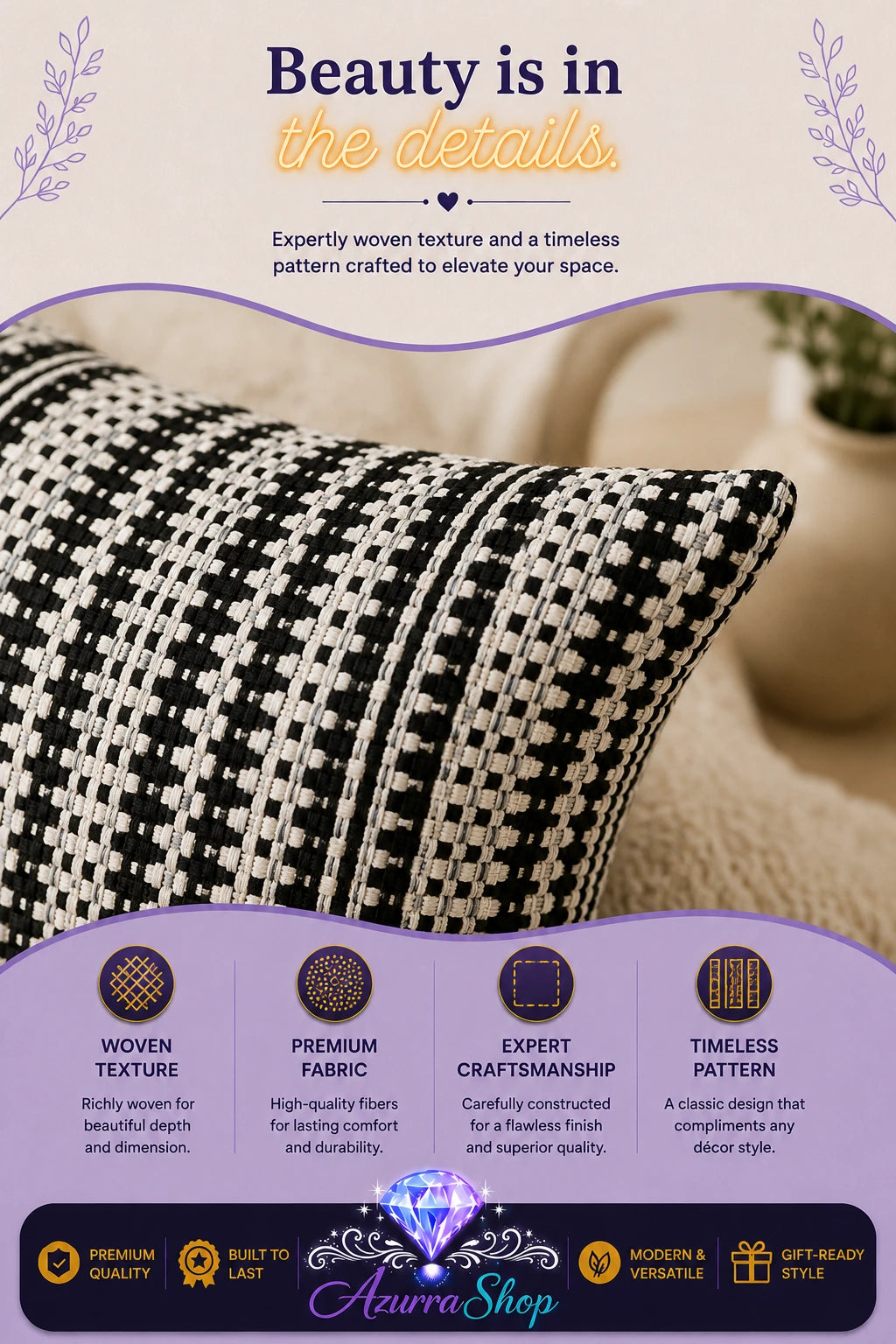 Close-up of the black and white houndstooth texture on the pillow cover