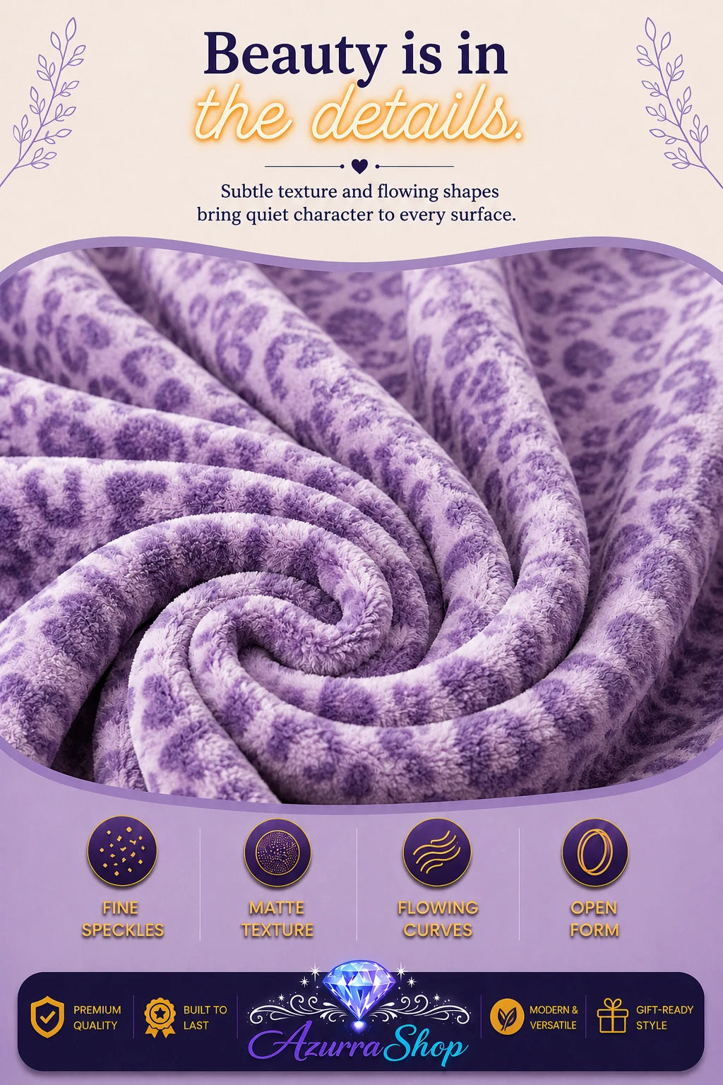 Close-up of the lavender leopard print texture on the plush fleece blanket, with an Azurra Shop promotional banner