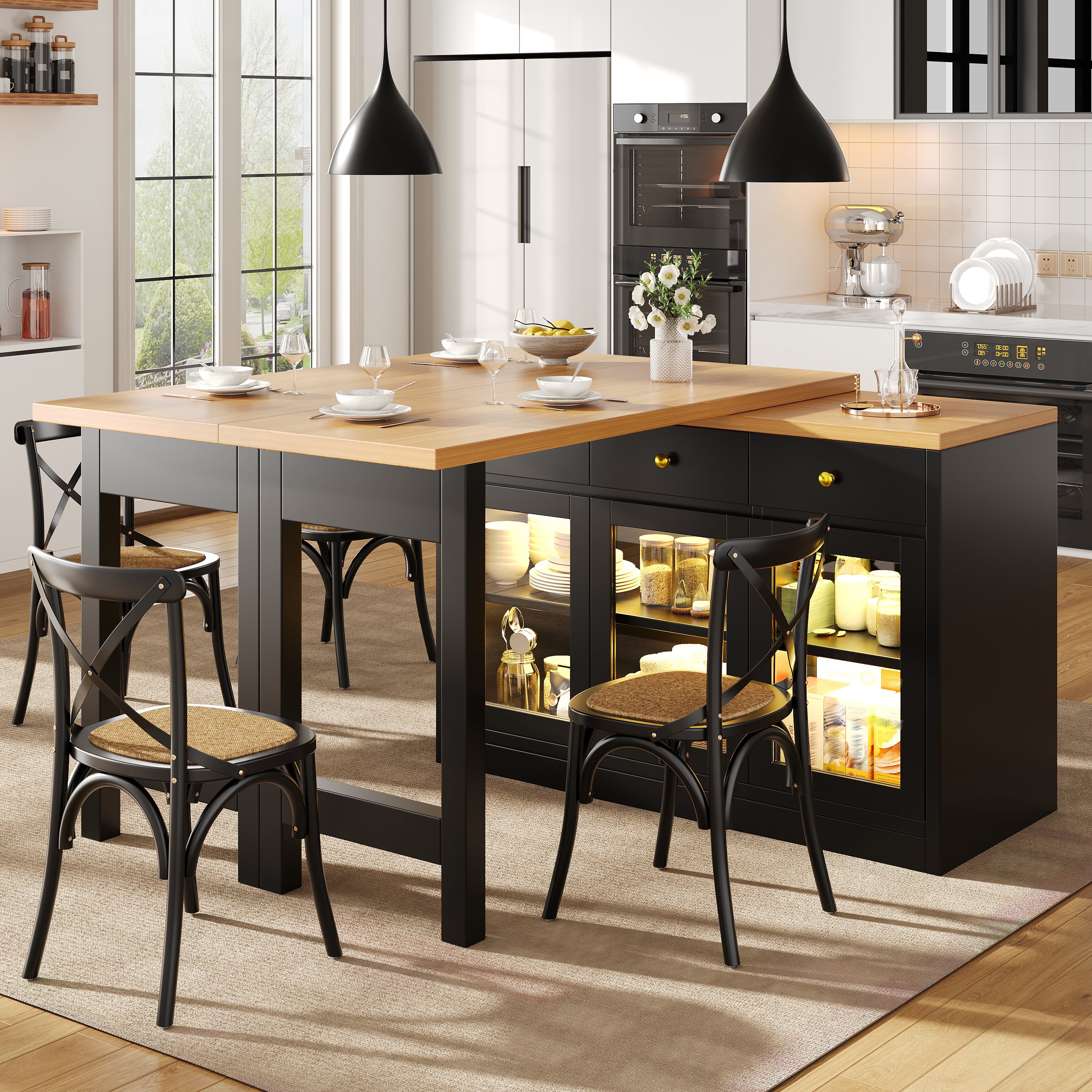 Extendable Kitchen Island with RGB LED Lights — Black