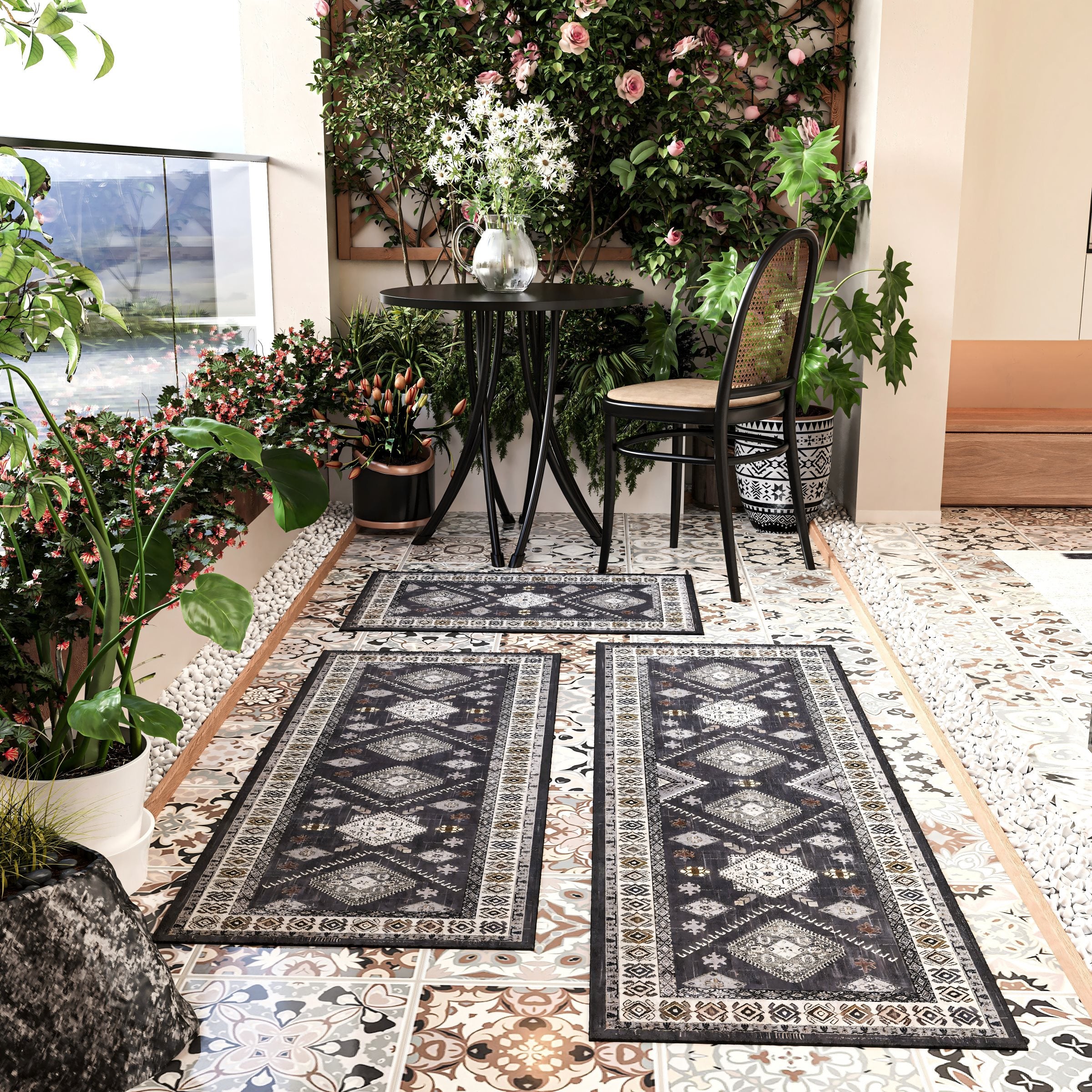 Boho Kitchen Rug Set — 3-piece non-slip washable faux wool runner set, 0.31" thick, farmhouse style — Azurra Shop