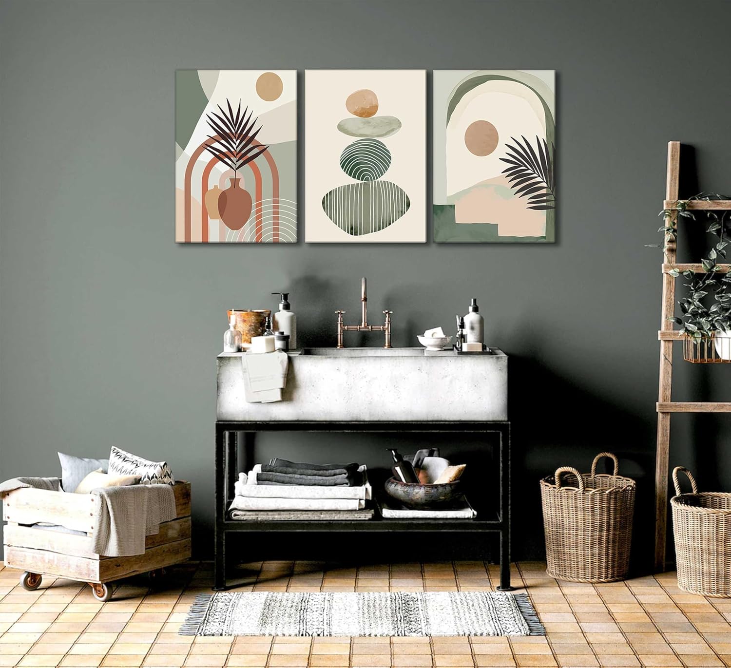 Boho Canvas Wall Art Set — 3 Pieces, Framed