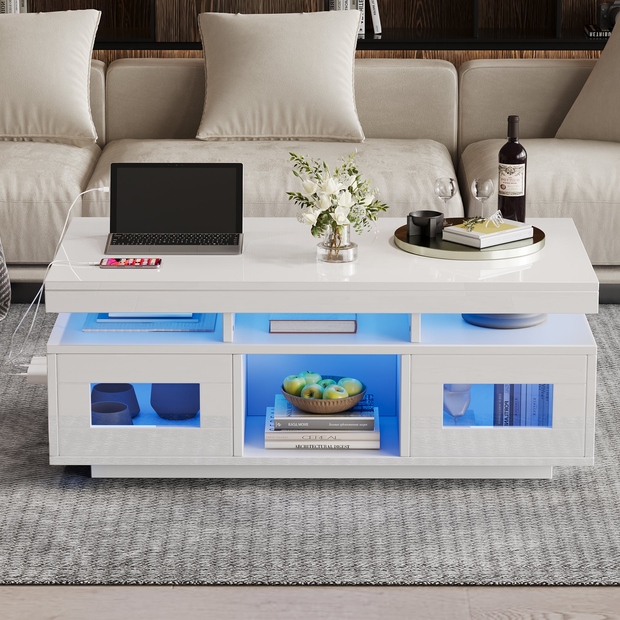 High Gloss Coffee Table with LED Lights & USB Charging — White
