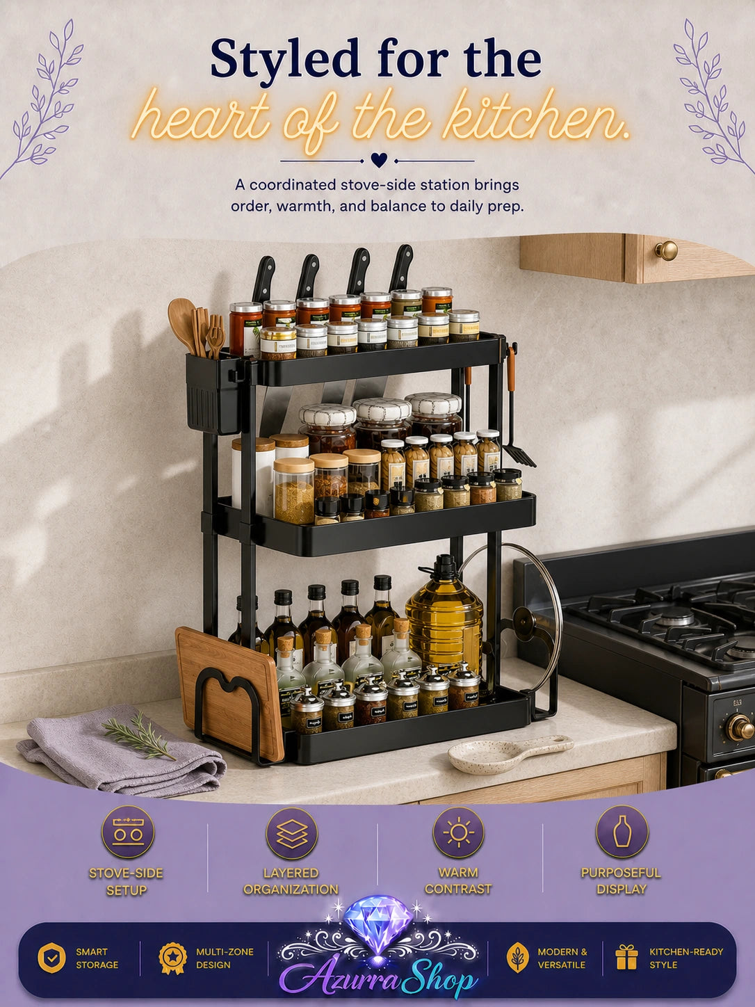 A three-tier black metal spice rack holding jars, bottles, and kitchen tools, positioned on a countertop beside a stove, with promotional text and feature icons overlaid.