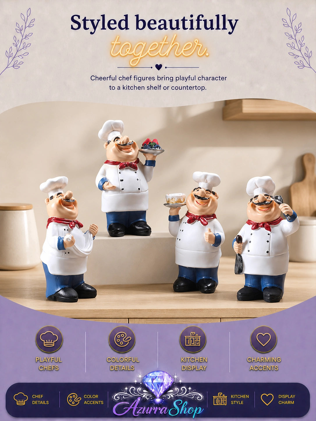 All four hand-painted resin chef figurines styled together on a kitchen counter with jars and utensils in the background
