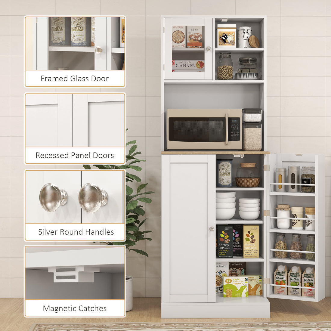66.5" White Kitchen Pantry Cabinet with Glass Doors