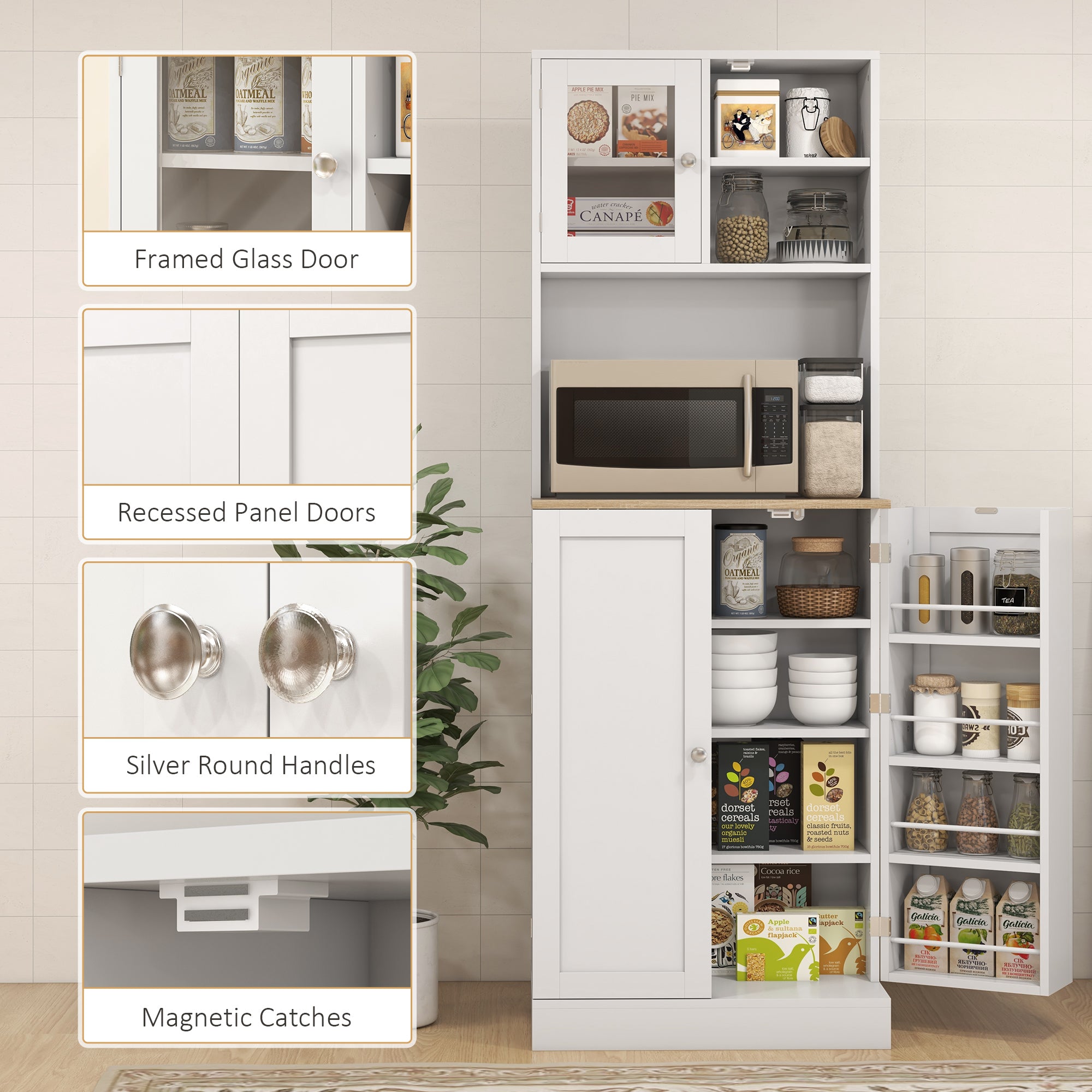 66.5" White Kitchen Pantry Cabinet with Glass Doors
