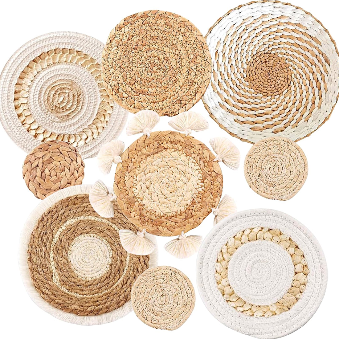 Boho Wall Baskets Set — 9 handmade seagrass rattan wicker baskets, round hanging wall decor — Azurra Shop