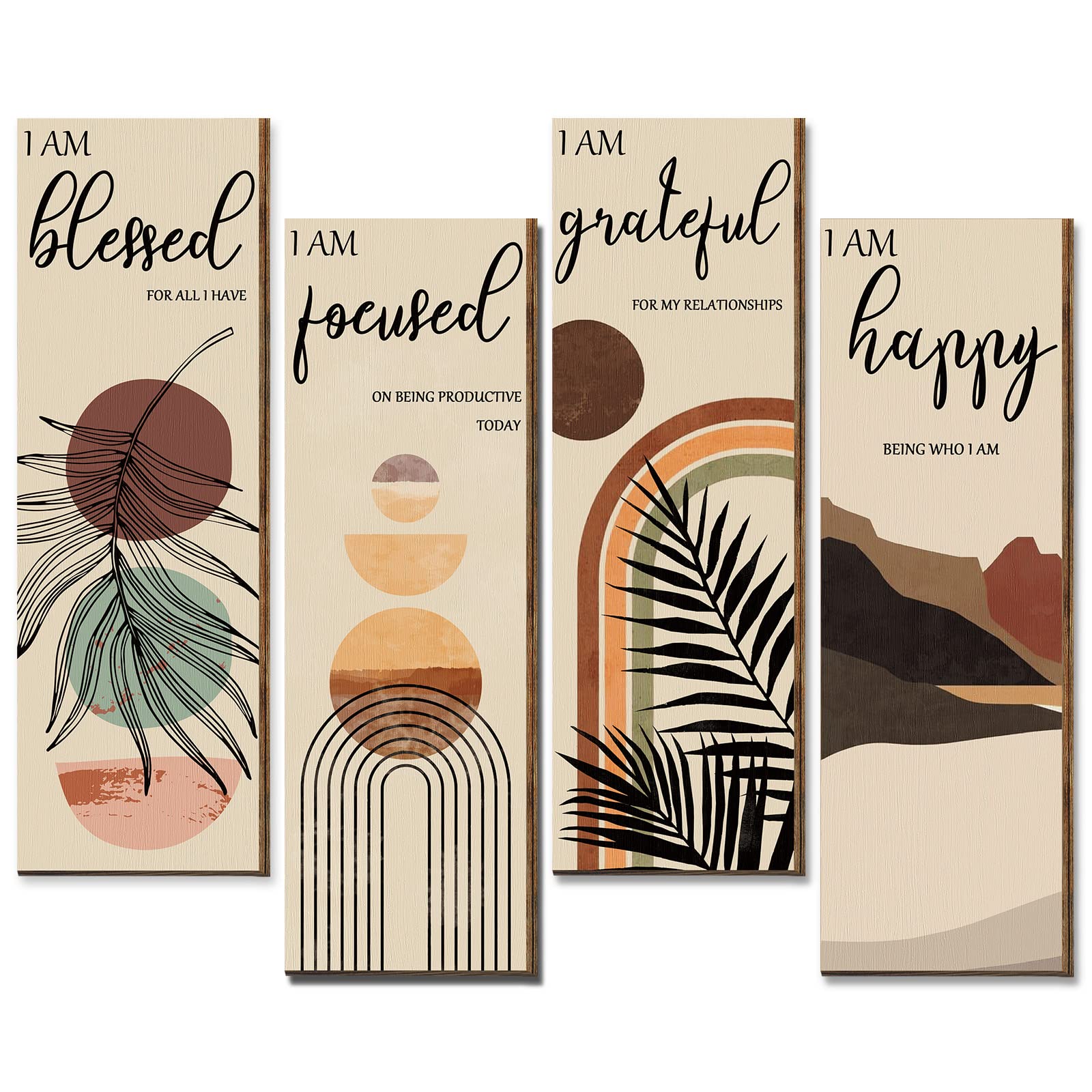 Boho Positive Affirmations Wall Art Prints — set of 4, wooden, 11x4", mid-century minimalist style — Azurra Shop