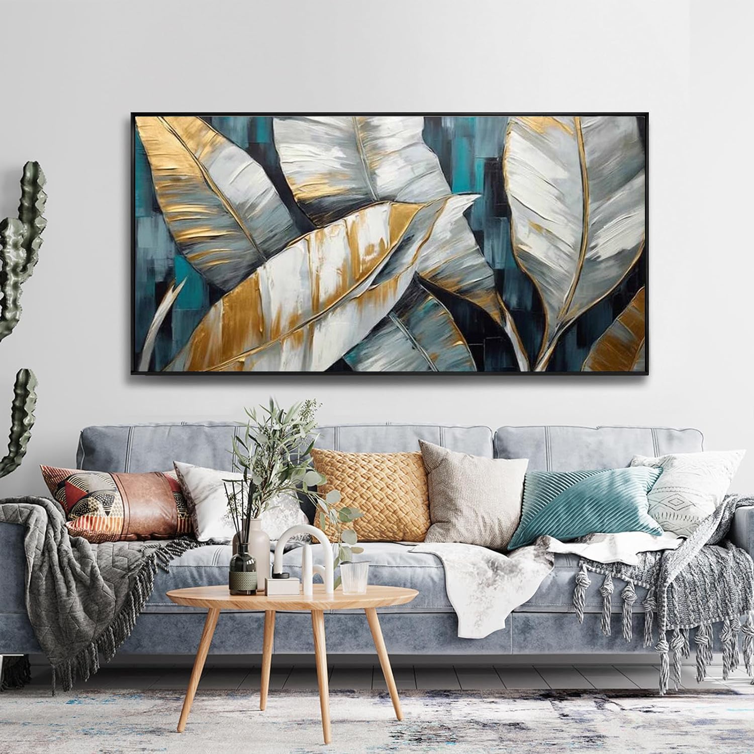 Handmade Abstract Oil Painting — golden green banana leaves, horizontal canvas, unframed, available in 7 sizes from 39x20" to 94x47" — Azurra Shop