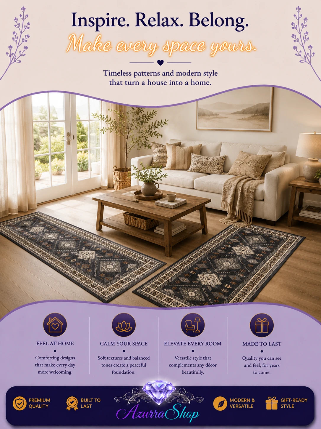 A promotional listing graphic for a long area rug shown installed in a styled living room. The scene includes a beige sofa, wood coffee table, lamps, and large windows, with decorative text at the top and a purple footer panel featuring the brand name Azura Shop.