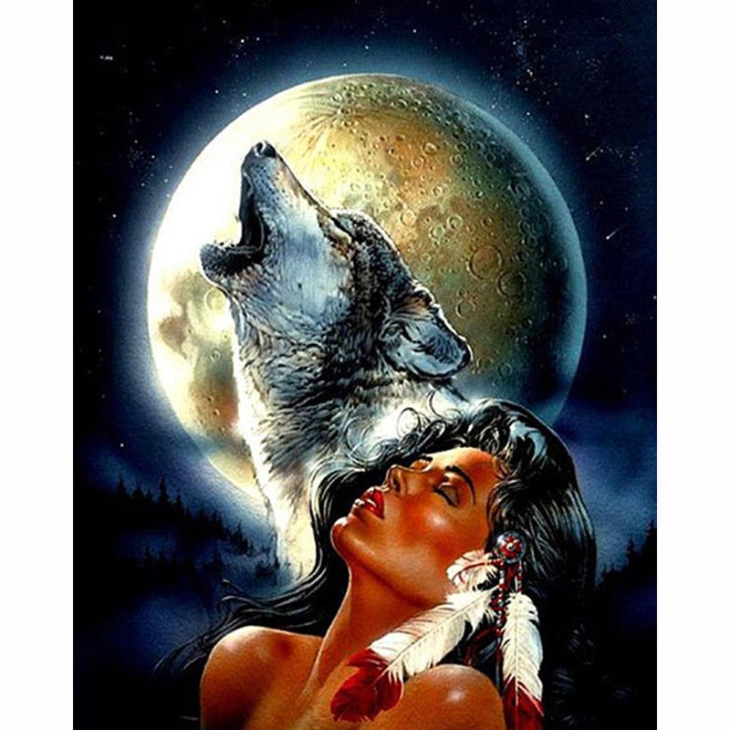 Wolf and Indian maiden howling at the moon diamond painting kit – 6x6" to 32x32" round or square drill Native American wildlife art by Azurra Shop