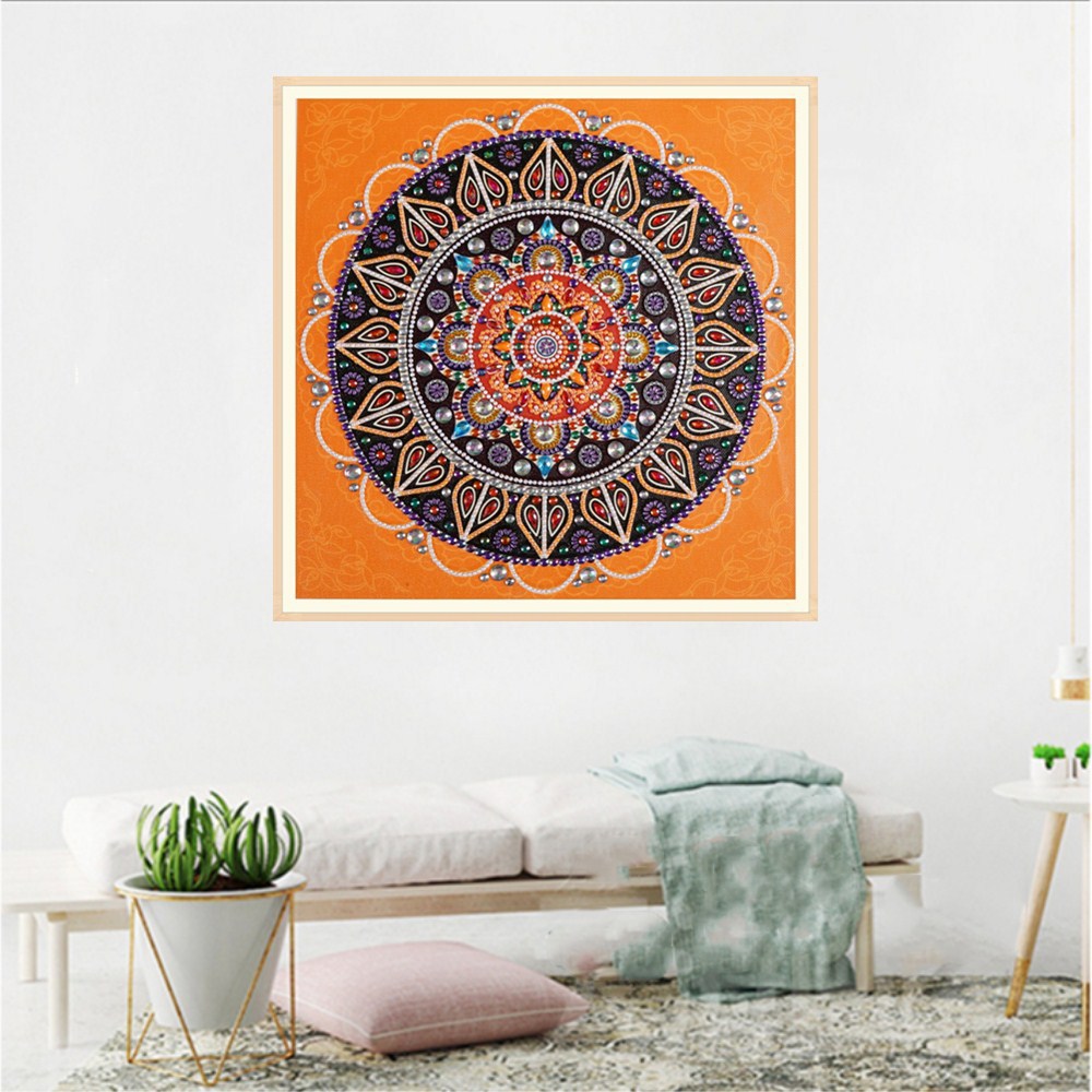 Orange Mandala Diamond Painting Kit — premium resin diamonds, 14x14", warm sunset sacred geometry design — Azurra Shop