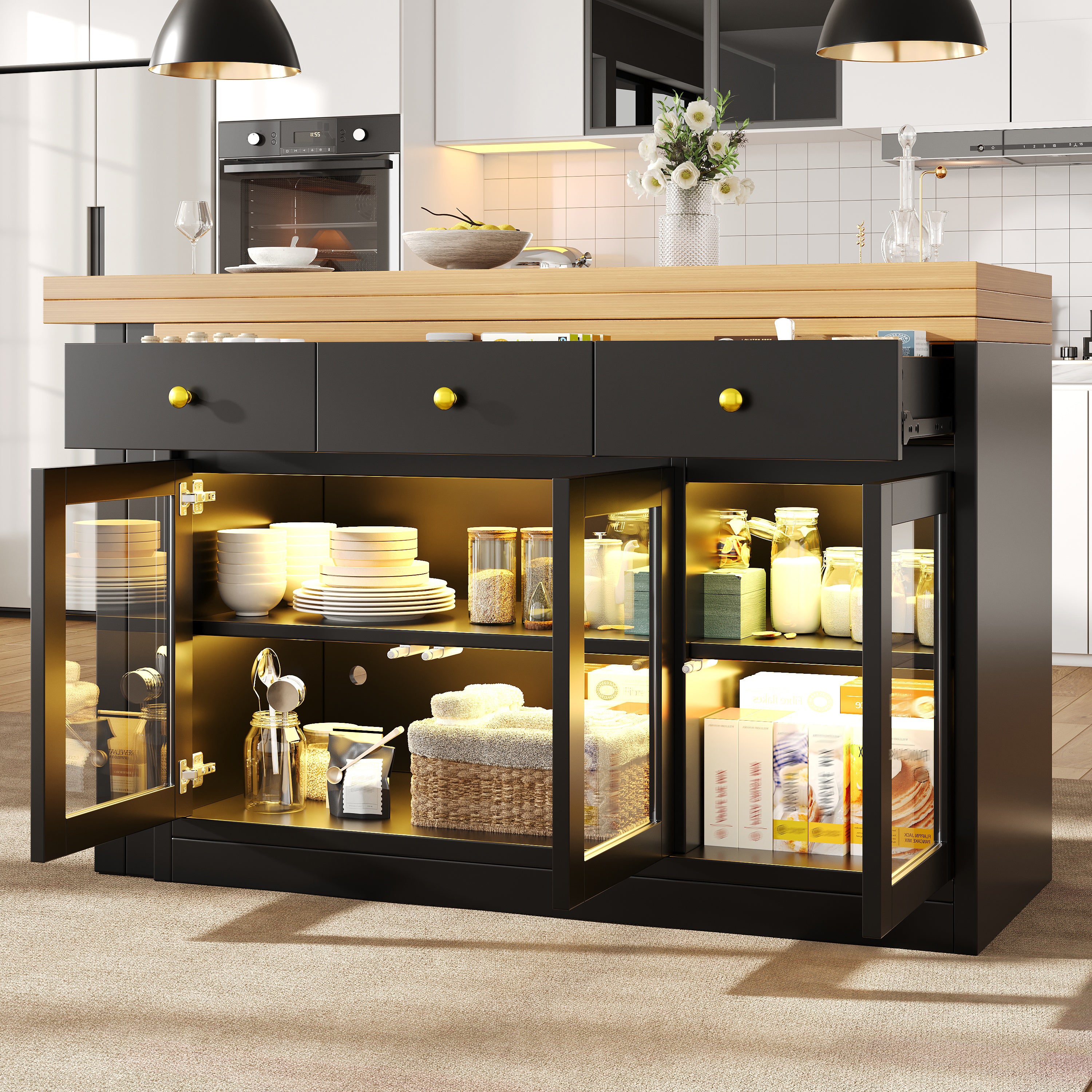 Extendable Kitchen Island with RGB LED Lights — Black