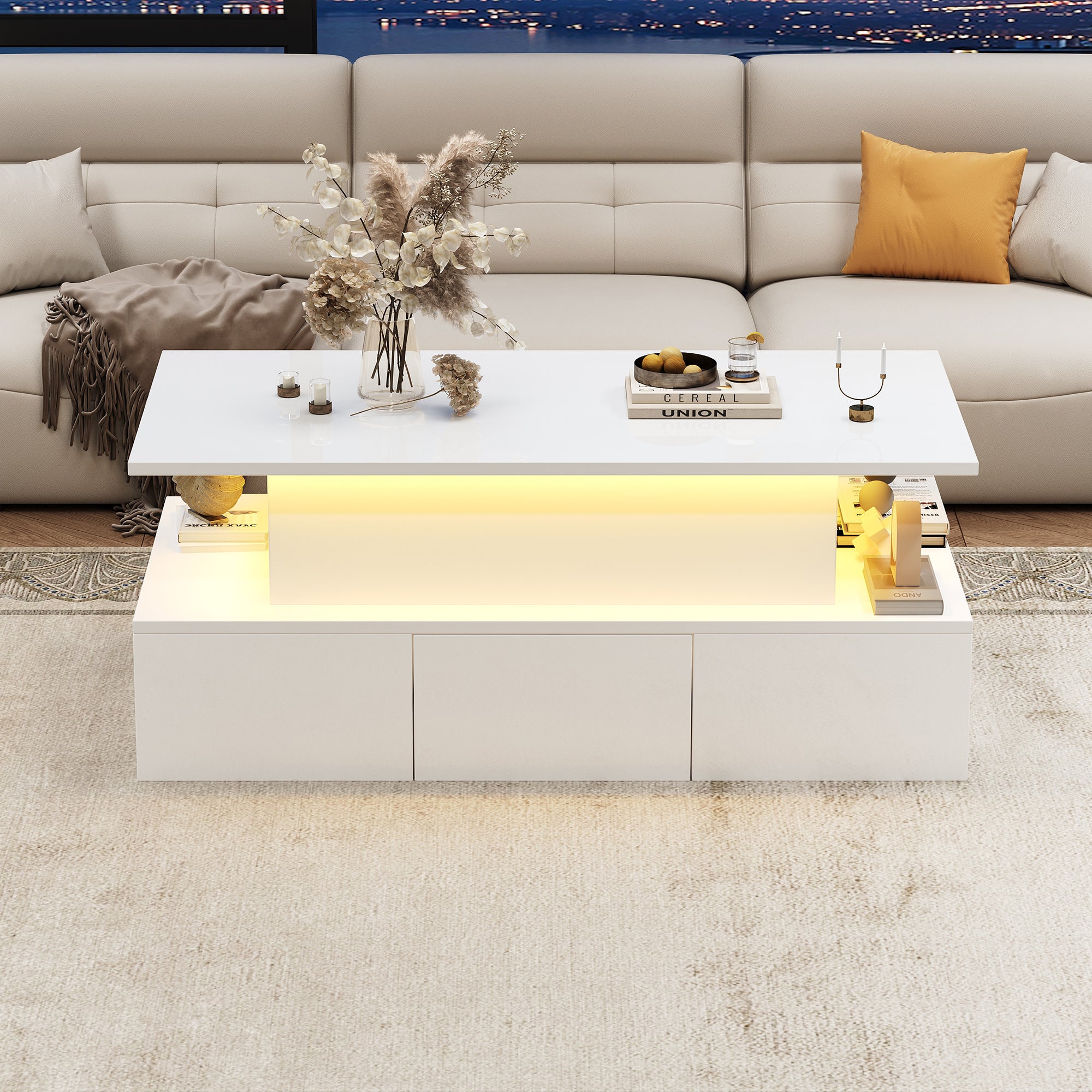 Lift-Top Coffee Table with LED Lights & 4 Drawers — White