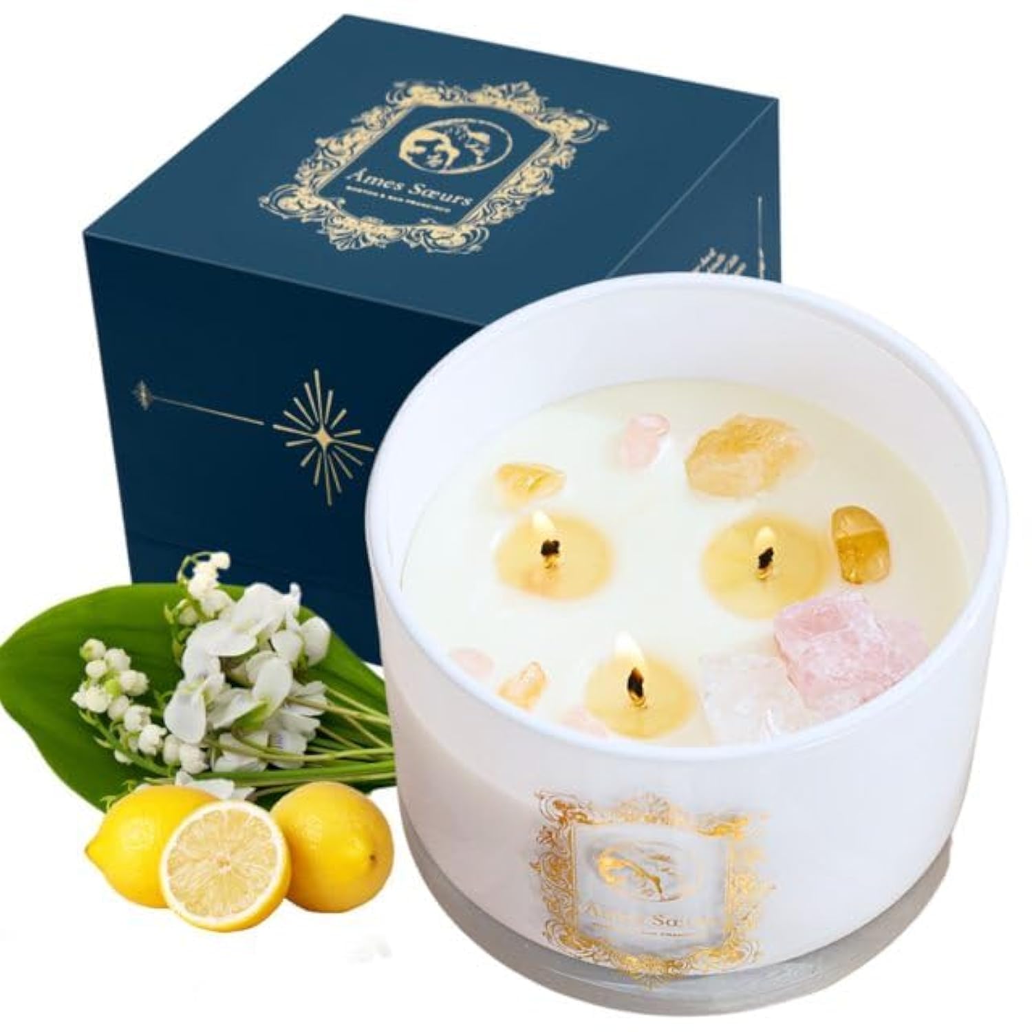 Crystal Chakra Candle: > Healing Crystal Chakra Candle — 12oz, 3 wicks, 55 hours, rose quartz/citrine/clear quartz, natural soy wax, citrus & lily scent — Azurra Shop