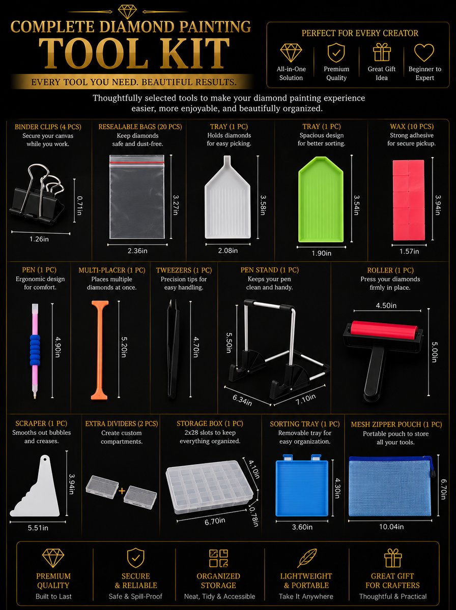 Diamond painting tools laid out with measurements, including trays, pen, tweezers, roller, and storage box