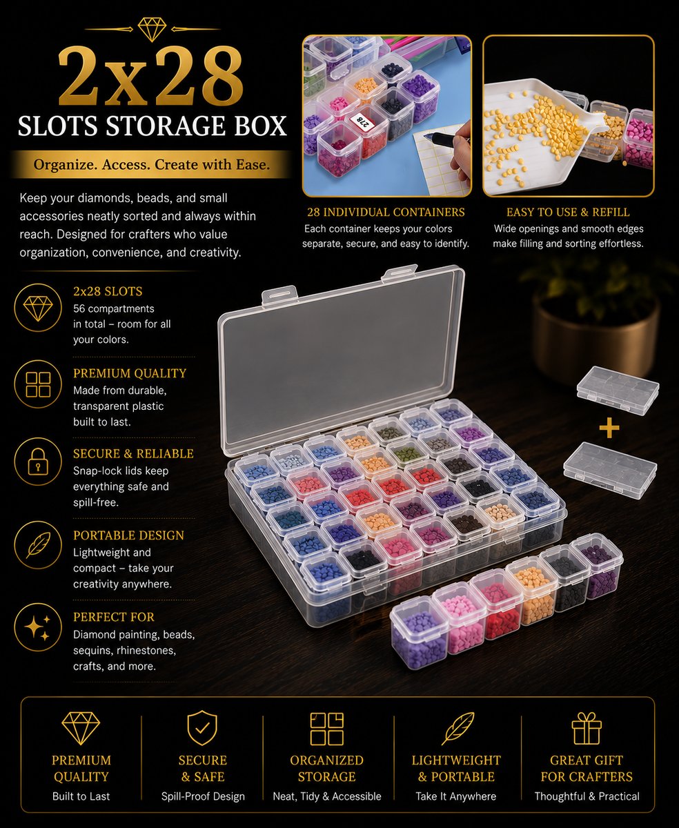 Storage box with 56 individual compartments filled with sorted diamonds