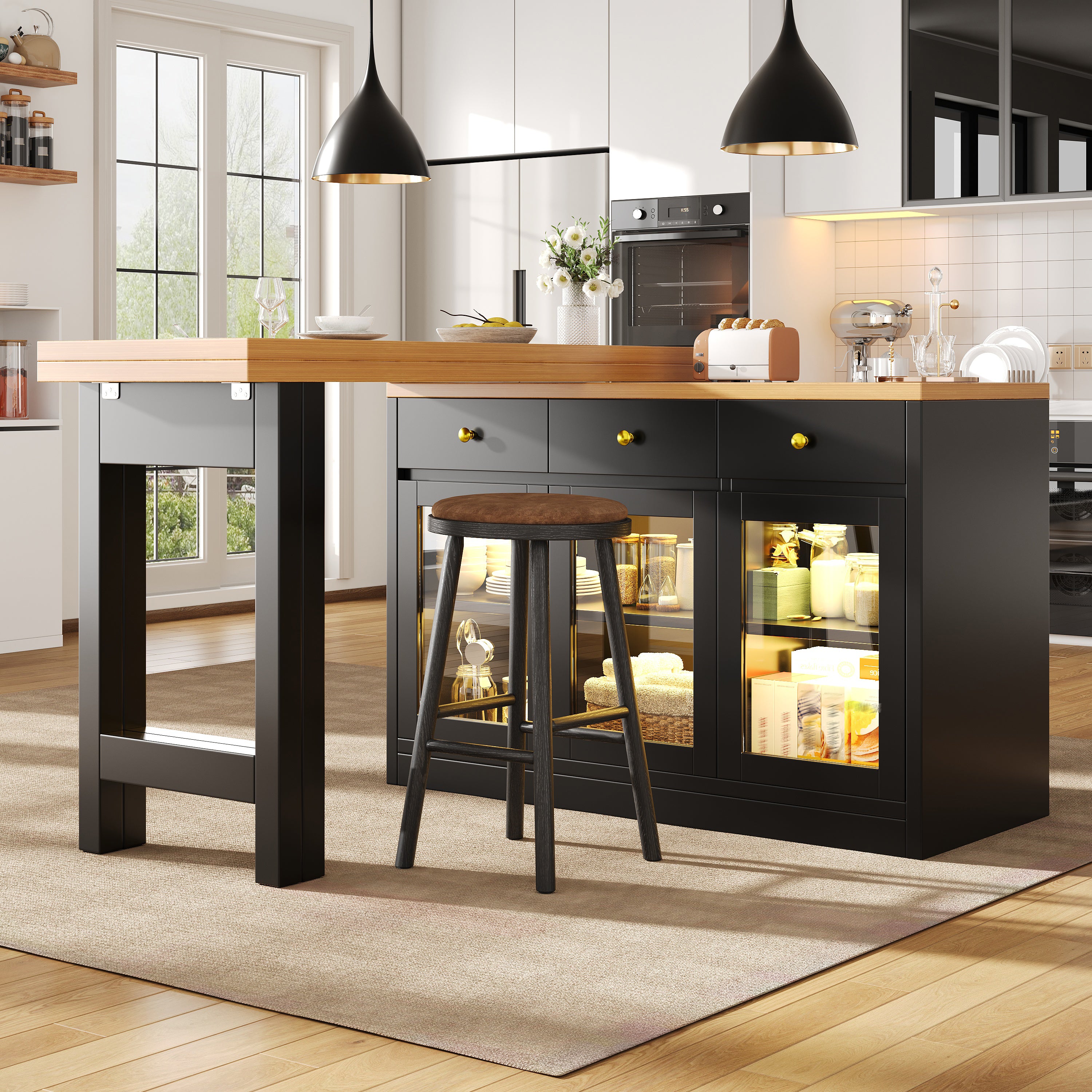 Extendable Kitchen Island with RGB LED Lights — Black
