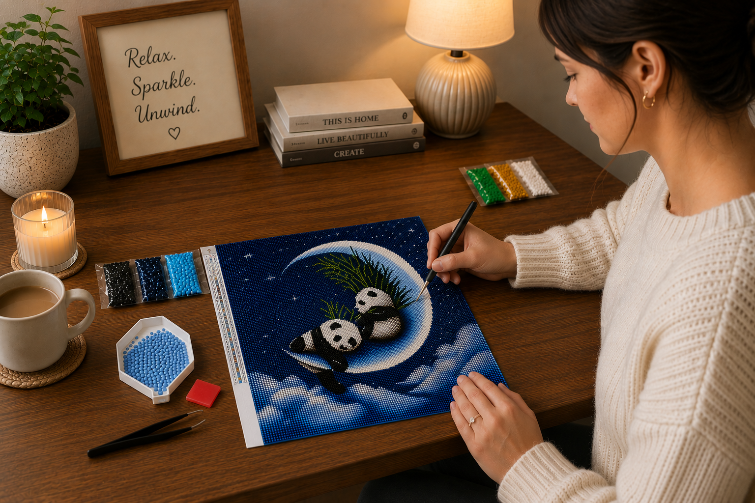Baby Pandas on a Crescent Moon Diamond Painting Kit – person placing sparkling resin drills onto the canvas while working on the panda moon design