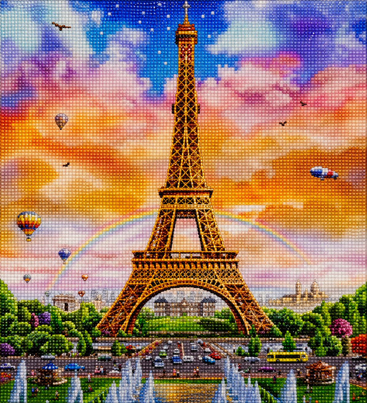 Finished Eiffel Tower landscape diamond painting kit artwork close up with sunset sky and hot air balloons | Azurra Shop