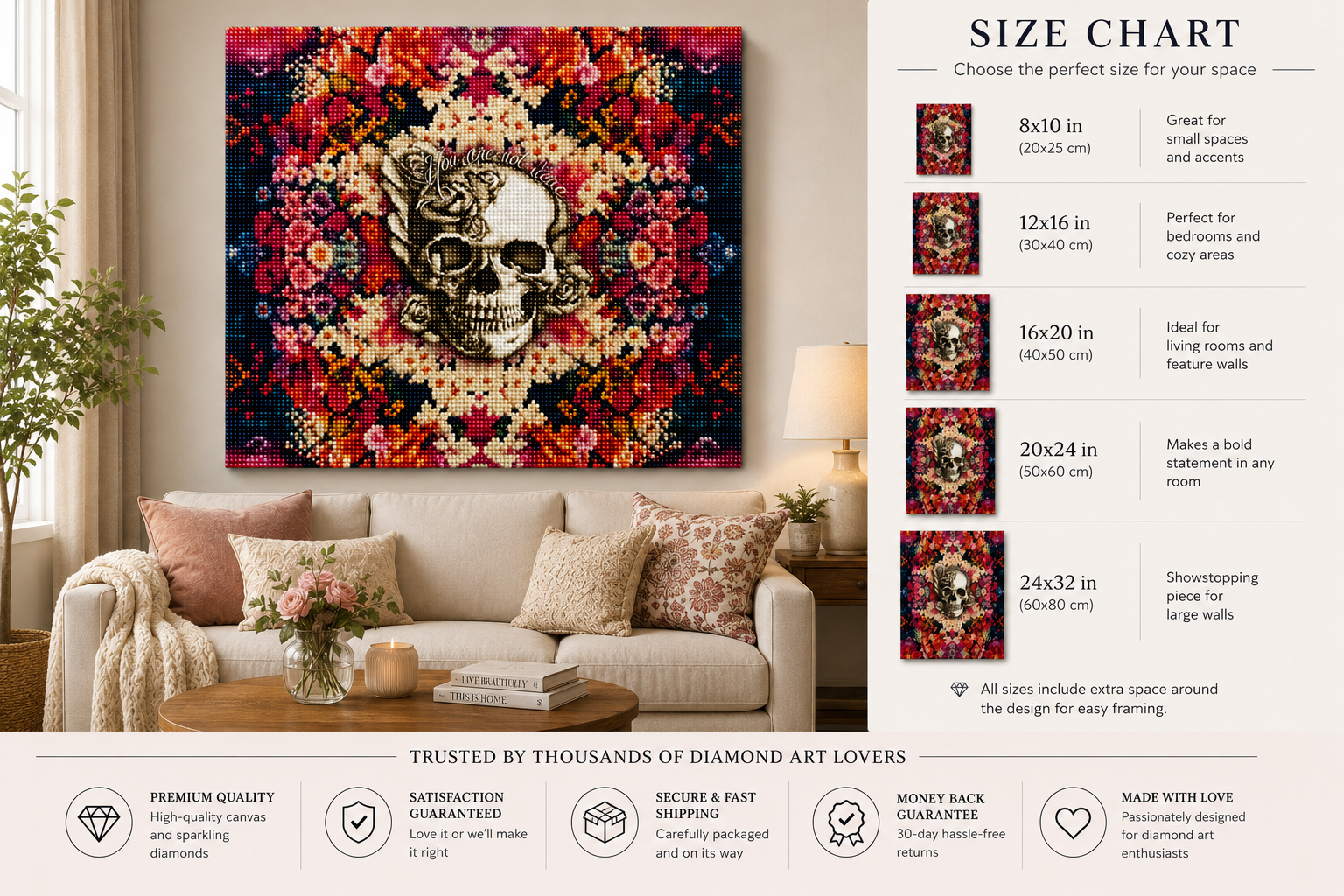Floral Mandala Skull Diamond Painting Kit – framed diamond art displayed above living room sofa in five sizes: 8x10" (20x25cm) great for small spaces and accents, 12x16" (30x40cm) perfect for bedrooms and cozy areas, 16x20" (40x50cm) ideal for living rooms and feature walls, 20x24" (50x60cm) makes a bold statement in any room, and 24x32" (60x80cm) showstopping piece for large walls, with trust badges for premium quality, satisfaction guaranteed, secure and fast shipping, money back guarantee, and made with
