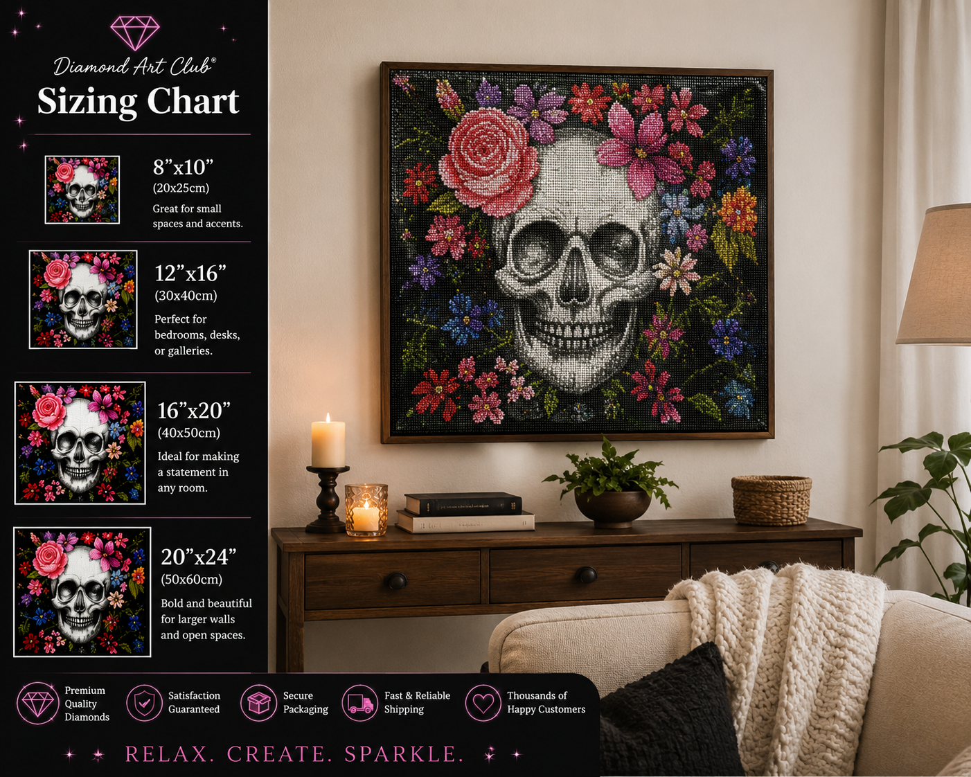 Floral Skull with Pink Roses Diamond Painting Kit