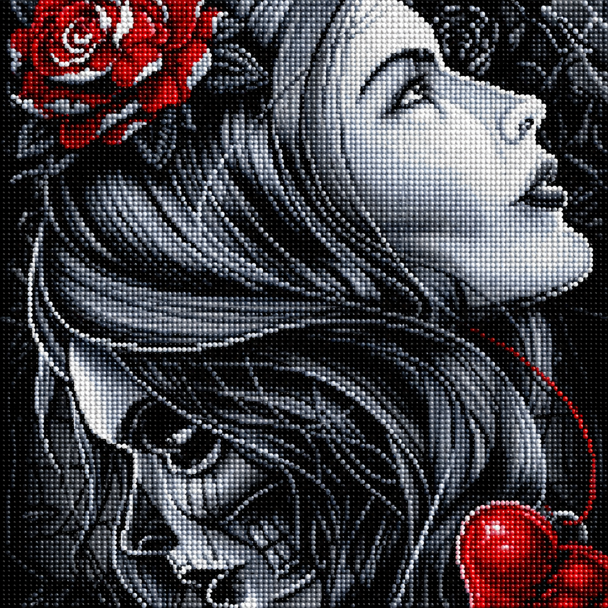 Gothic Rose Woman & Skull Diamond Painting Kit – completed diamond art featuring a gothic woman in profile with flowing dark hair, red roses, and a skull motif with a red heart on a black background