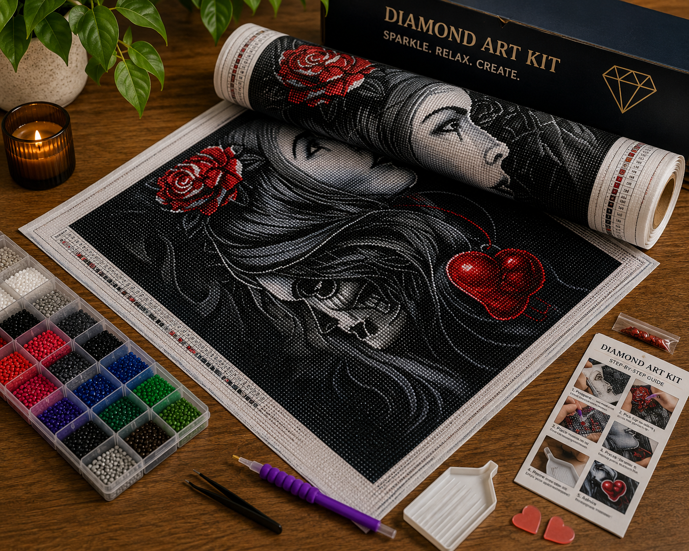 Gothic Rose Woman & Skull Diamond Painting Kit – flat lay on wood surface showing unrolled gothic rose woman canvas, "Sparkle. Relax. Create." box, 18-color diamond drill organizer, purple applicator pen, tweezers, sorting tray, wax pads, step-by-step guide, and red heart wax pads beside a glowing candle