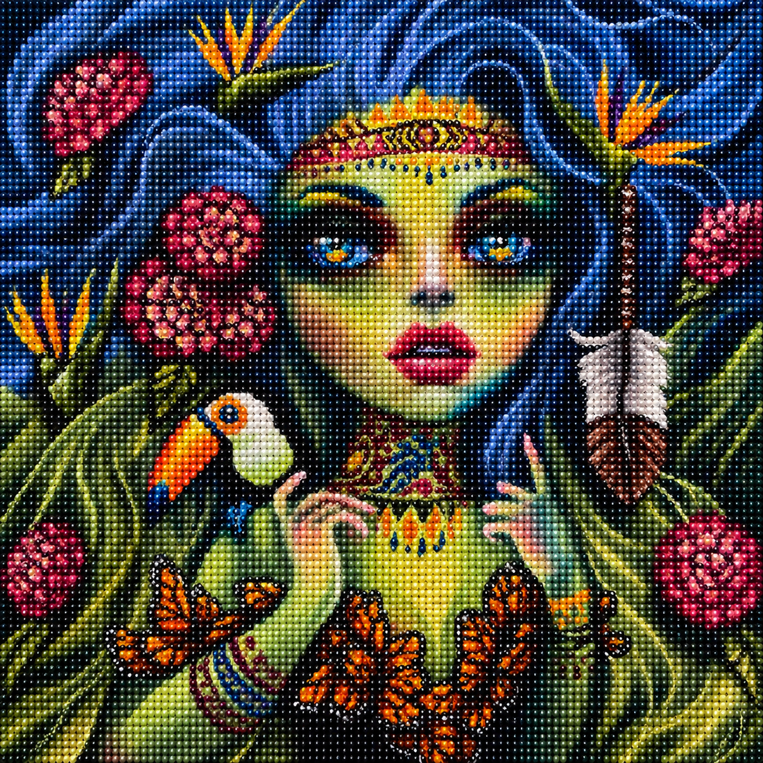 Mystic Goddess with Toucan & Butterflies Diamond Painting Kit – completed diamond art featuring a mystical goddess with blue hair, golden crown, toucan companion, bird of paradise flowers, and monarch butterflies on a dark background