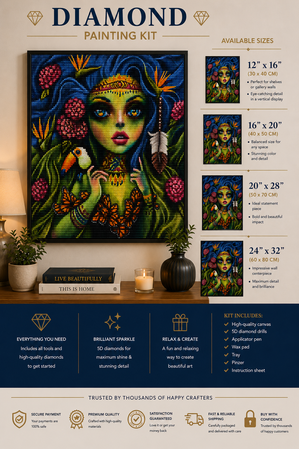 Mystic Goddess with Toucan & Butterflies Diamond Painting Kit – framed diamond art displayed on living room console in four available sizes: 12x16", 16x20", 20x28", and 24x32", with kit includes callouts and trust badges for secure payment, premium quality, satisfaction guarantee, and fast shipping